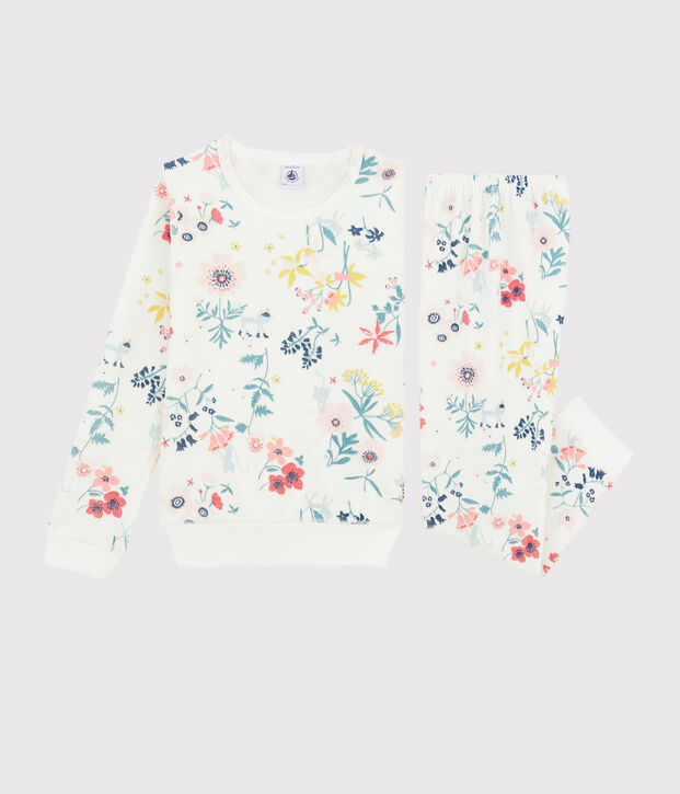 Pigiama a fiori bambina in ciniglia bianco/multicolore