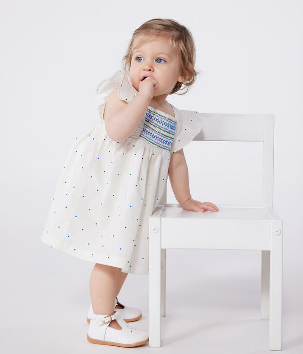Abito bianco neonato in cotone e bloomer coordinato con stampa a pois bianco/multicolore