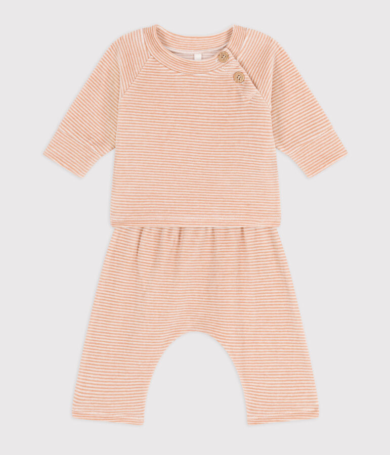 Completo 2 pezzi beb&egrave; in velluto di cotone beige/bianco