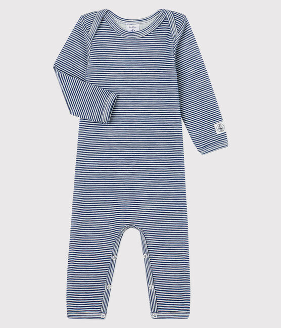 Body lungo a righe bebè in lana e cotone blu MEDIEVAL/bianco MARSHMALLOW