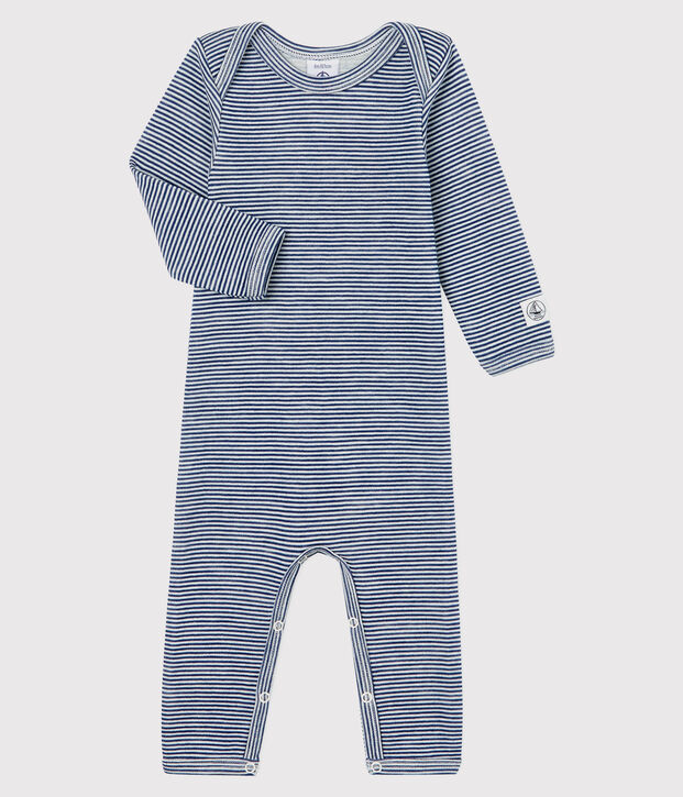 Body lungo a righe beb&egrave; in lana e cotone blu/bianco