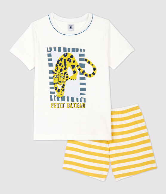 Pigiama corto bambino fantasia pantera in cotone bianco MARSHMALLOW/giallo OCRE