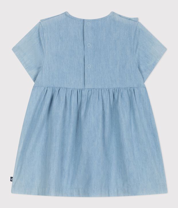 Vestitino da neonata in chambray a maniche corte ricamato con cuori. blu