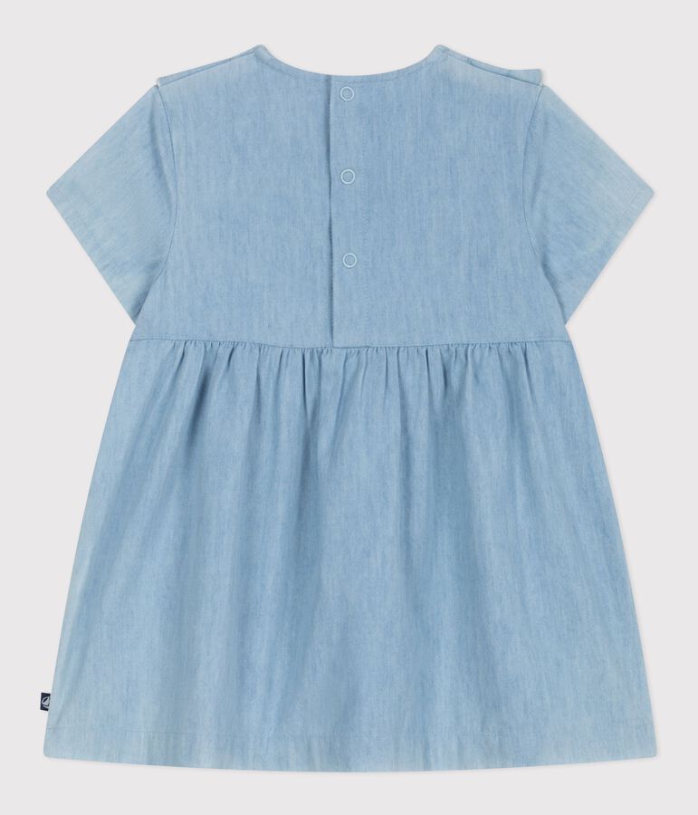 Abito a maniche corte in chambray di cotone con cuori ricamati neonata blu