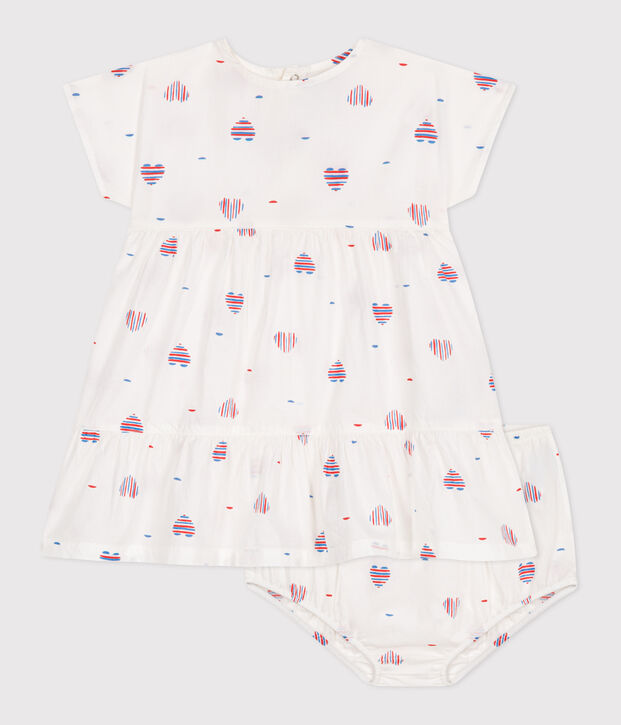 Abito neonata a maniche corte in cotone e bloomer con stampa a cuori ecru/multicolore