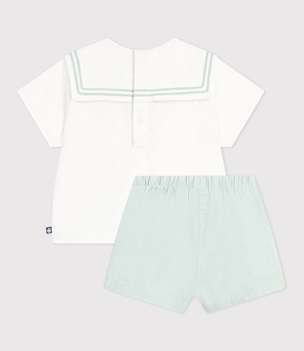Completo neonato 2 pezzi in misto cotone/lino con top con colletto alla marinara bianco/blu