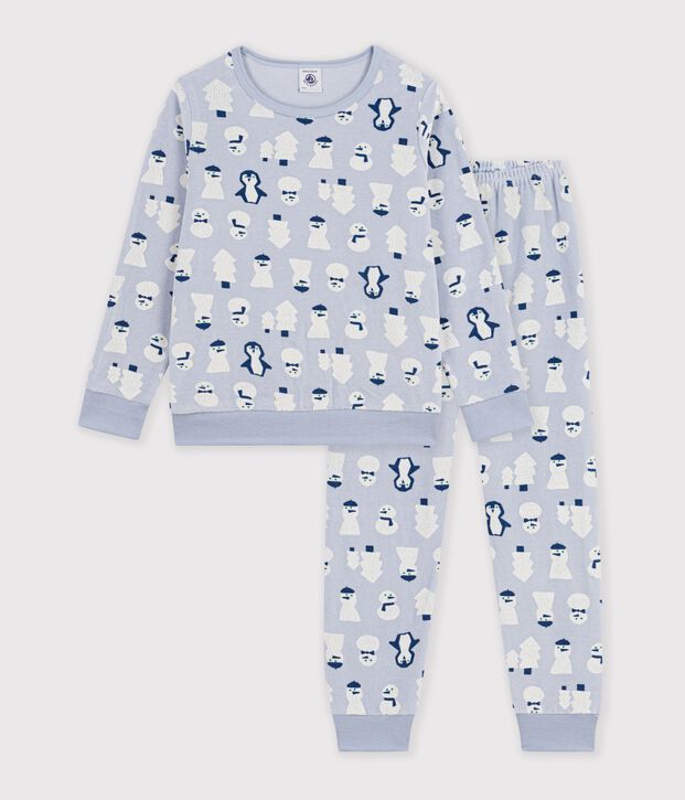Pigiama in ciniglia con pupazzo di neve stampato bambino blu/multicolore