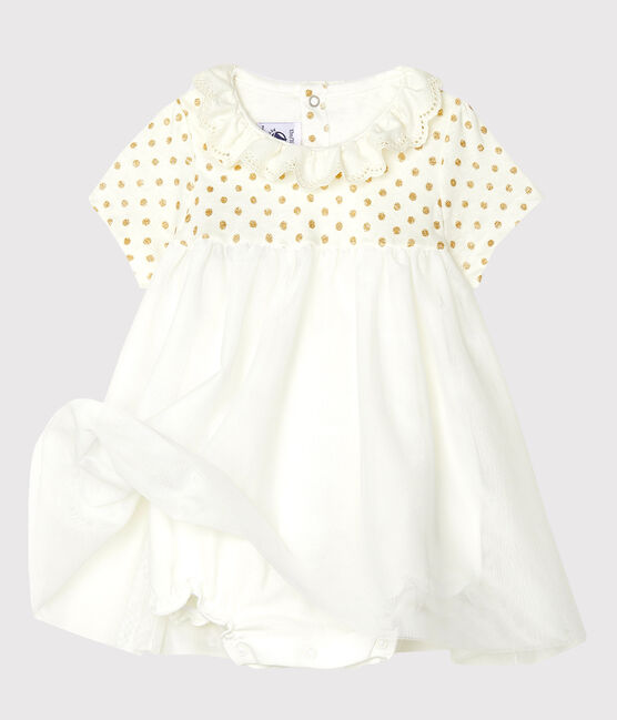 Abito body bebè femmina in cotone e lino bianco MARSHMALLOW/giallo OR