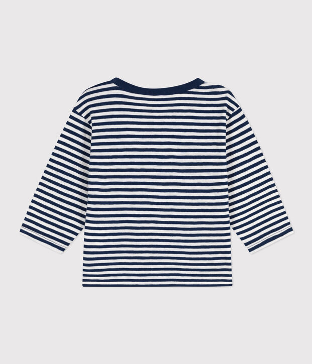 T-shirt beb&egrave; a maniche lunghe in jersey fiammato a righe blu/bianco