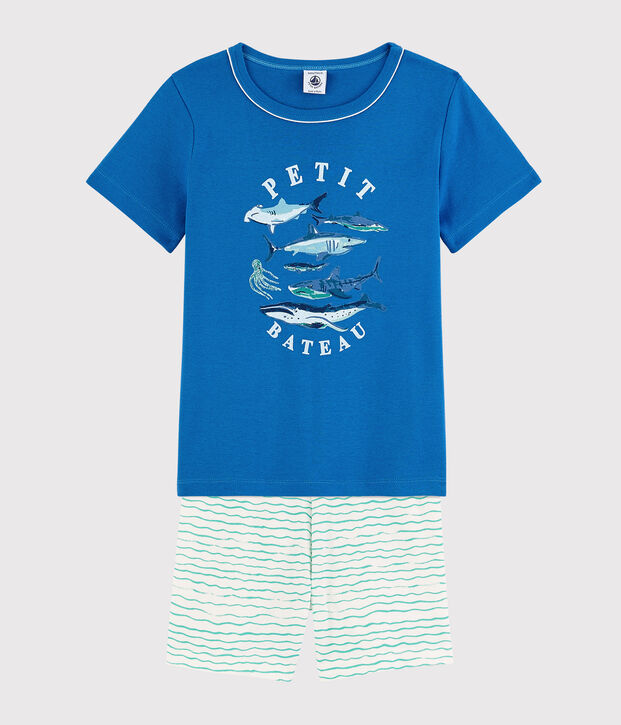 Pigiama corto animali marini bambino in cotone blu/multicolore