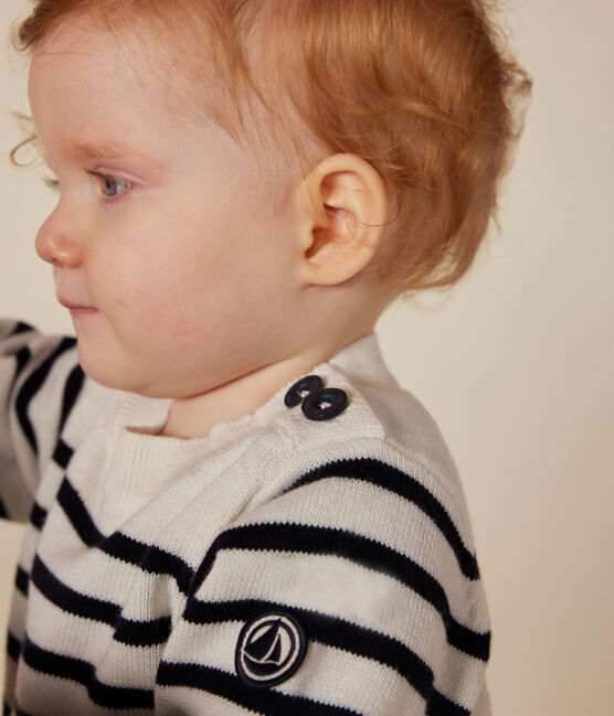 Pullover in maglia di lana e cotone neonato bianco MARSHMALLOW/blu SMOKING