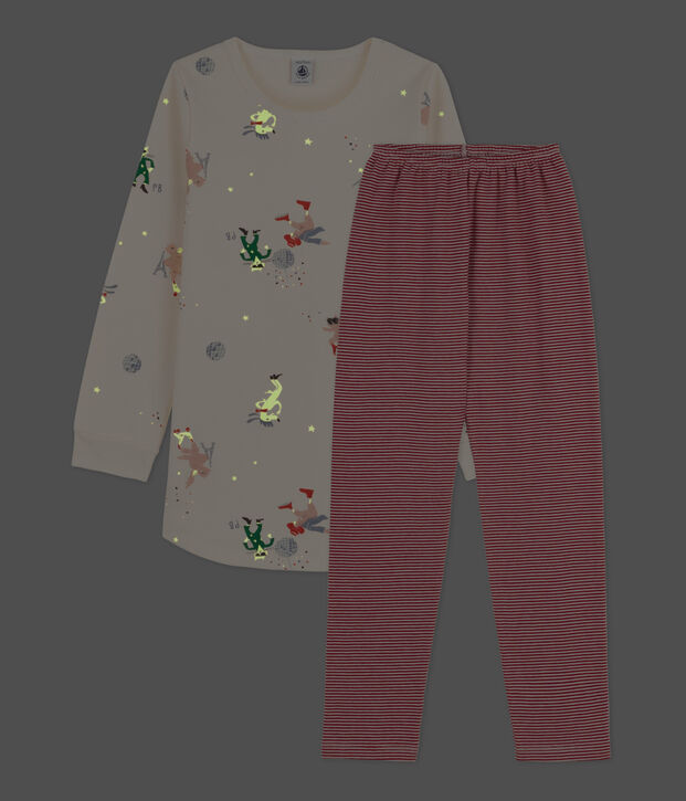 Camicia da notte fosforescente bambina in tessuto felpato di cotone ecru/multicolore