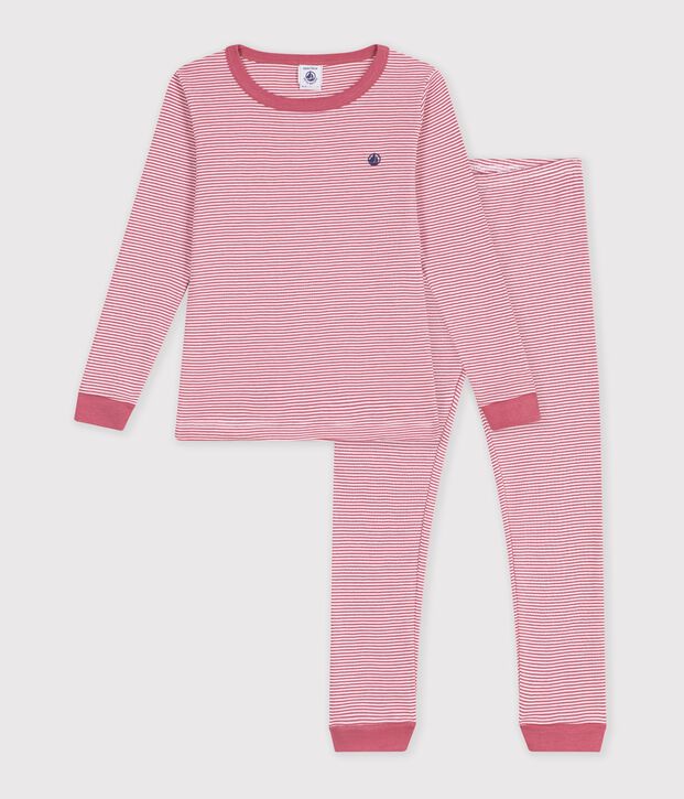 Pigiama molto aderente bambina in cotone a righe rosa/bianco
