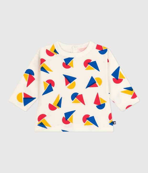 T-shirt a maniche lunghe in cotone con barche stampate neonato ecru/multicolore
