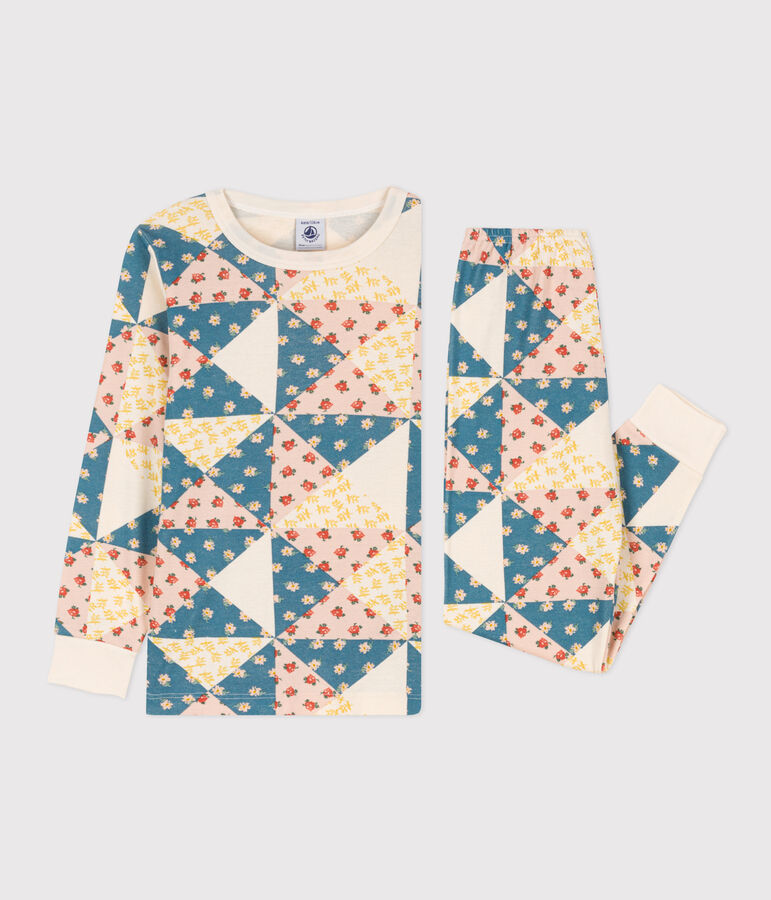 Pigiama patchwork bambina in cotone ecru/multicolore
