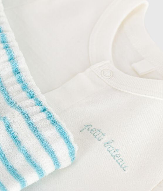 Completo nascita due pezzi in cotone con parte inferiore a righe blu MARSHMALLOW/ AQUATIC