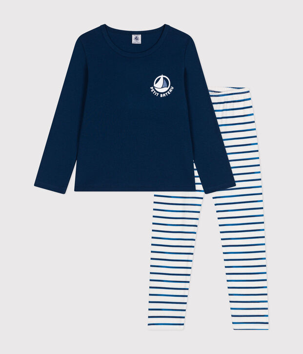 Pigiama bambino a maniche lunghe in cotone bianco/blu