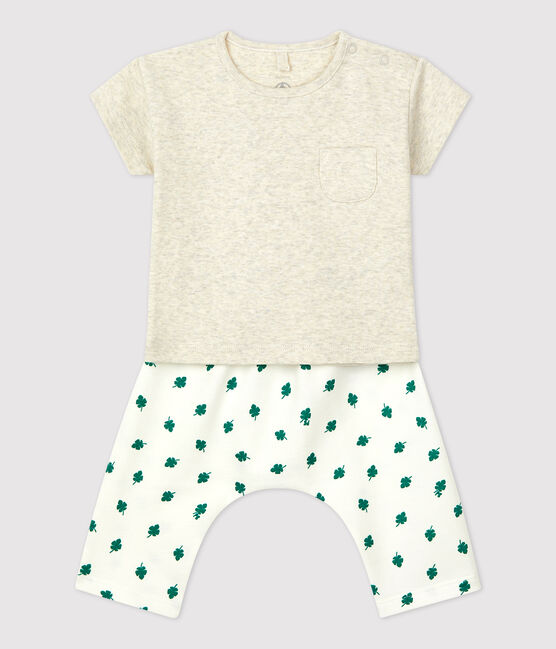 Completo 2 pezzi fantasia vegetale in tessuto felpato biologico bebè beige MONTELIMAR/bianco MULTICO