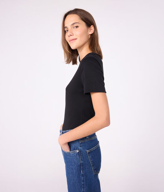 T-shirt Iconica a maniche corte a coste tinta unita donna nero BLACK