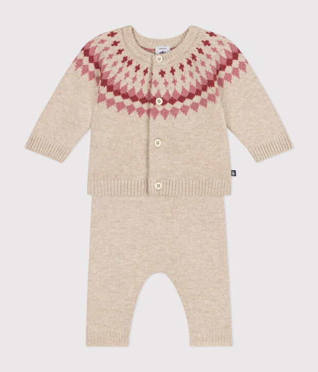 Set 2 pezzi in maglia neonato ecru/rosa