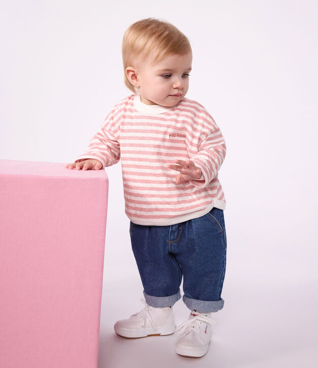 T-shirt a maniche lunghe in cotone a righe neonato. rosa/ecru