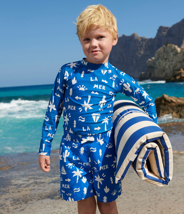 T-shirt da bagno anti-UV a maniche lunghe con stampa bambino blu/bianco