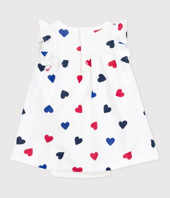 Abito a maniche corte in cotone e body integrato a tre cuori neonata bianco MARSHMALLOW/bianco MULTICO