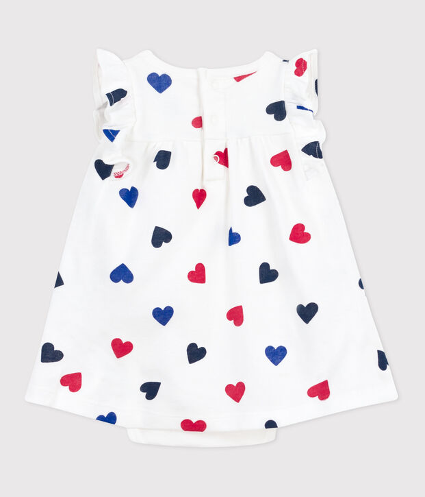 Abito a maniche corte in cotone e body integrato a tre cuori neonata bianco/multicolore
