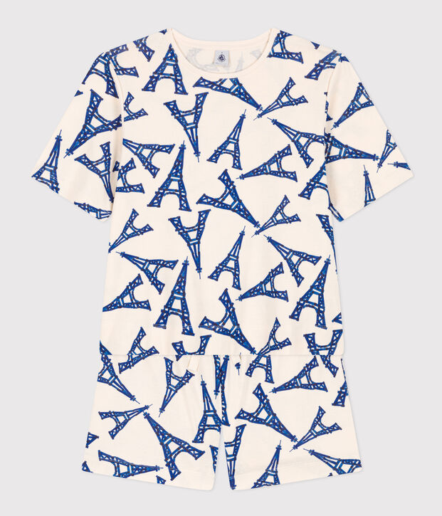 Pigiama donna corto in cotone motivo Parigi ecru/multicolore