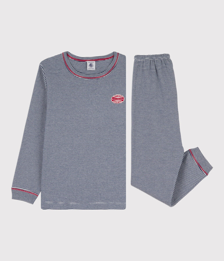 Pigiama millerighe bambino in cotone blu MEDIEVAL/bianco MARSHMALLOW