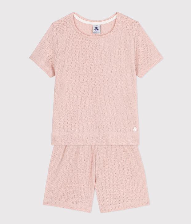 Pigiama corto bambina in cotone traforato tinta unita rosa