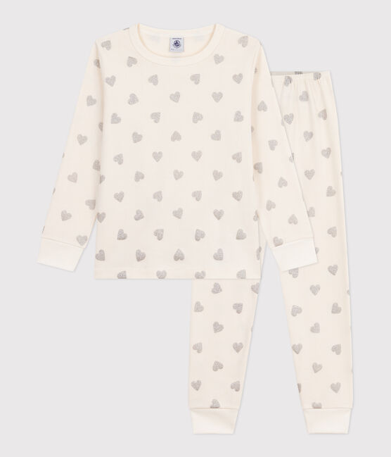Pigiama in cotone con cuori argentati stampati bambina ecru MILK/ ARGENT