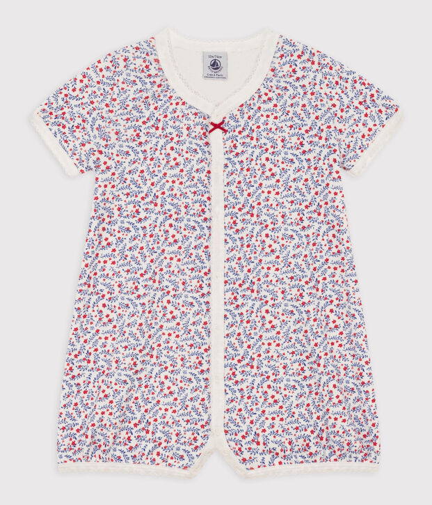 Tuta corta a fiori in cotone beb&egrave; bianco/multicolore