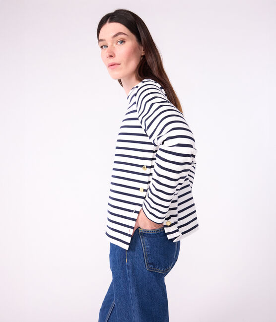 Marinière donna in cotone bianco MARSHMALLOW/blu SMOKING