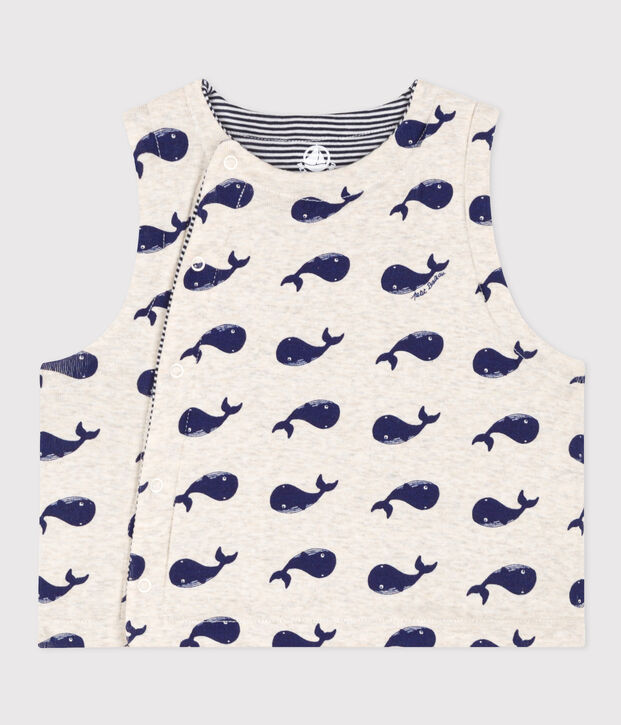 Gilet senza maniche beb&egrave; in cotone double face con motivo balene beige/blu