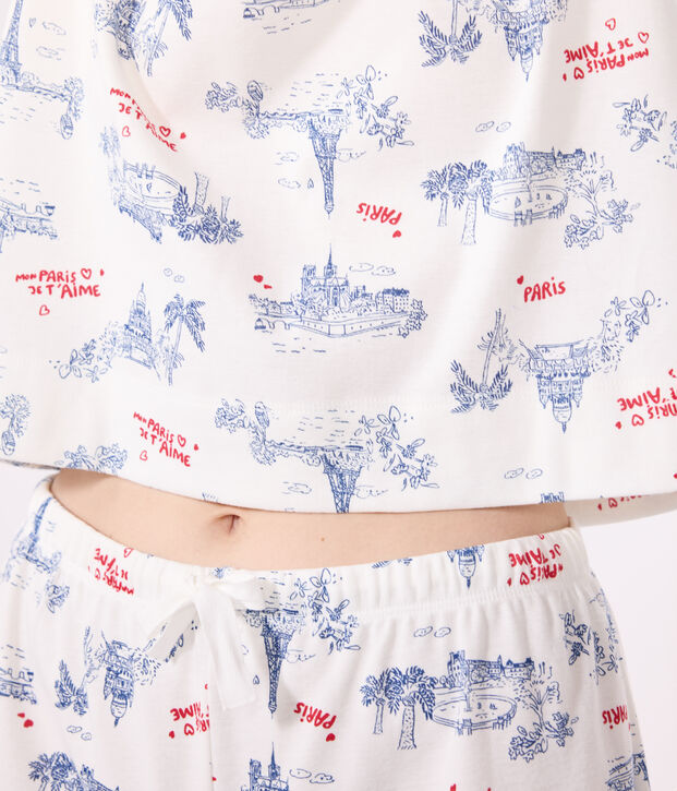 Pigiama corto in cotone stampato Parigi donna bianco/multicolore