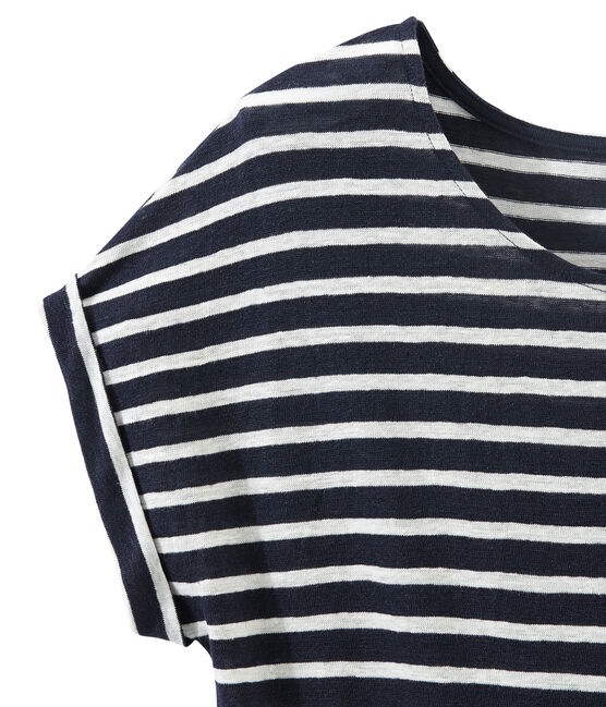 T-shirt donna in lino a righe blu SMOKING/bianco LAIT