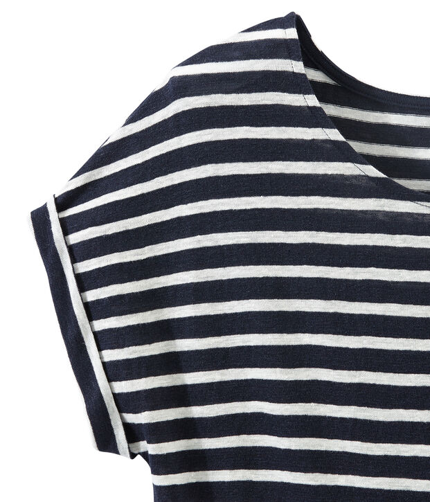 T-shirt donna in lino a righe blu/bianco