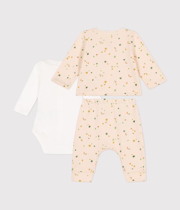 Set di 3 pezzi in tessuto felpato neonato ecru/multicolore