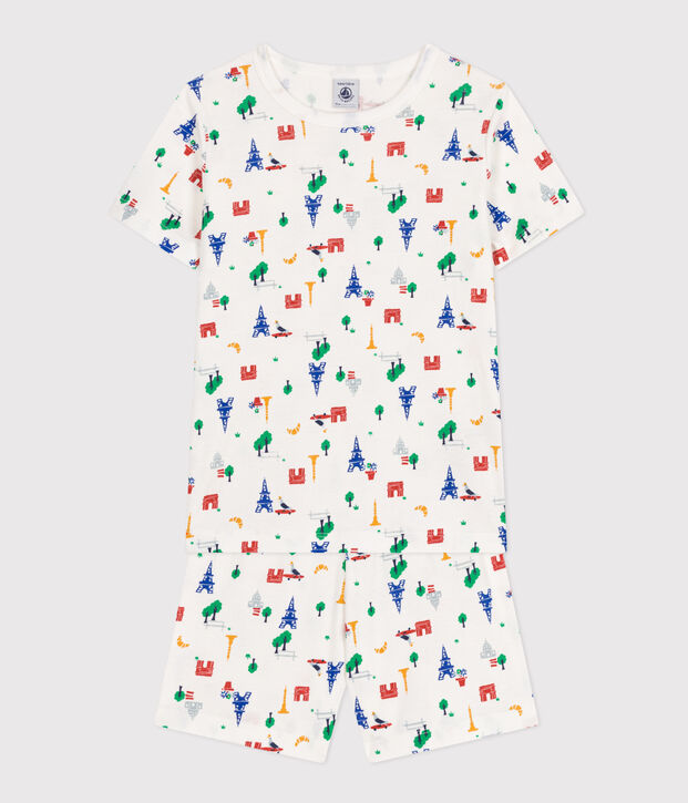 Pigiama short fantasia Parigi in cotone bambino bianco/multicolore