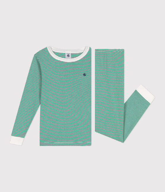 Pigiama molto aderente bambino in cotone a righe verde JARDIN/ MARSHMALLOW