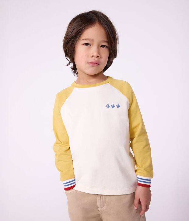 T-shirt a maniche lunghe in cotone color block bambino ecru/multicolore