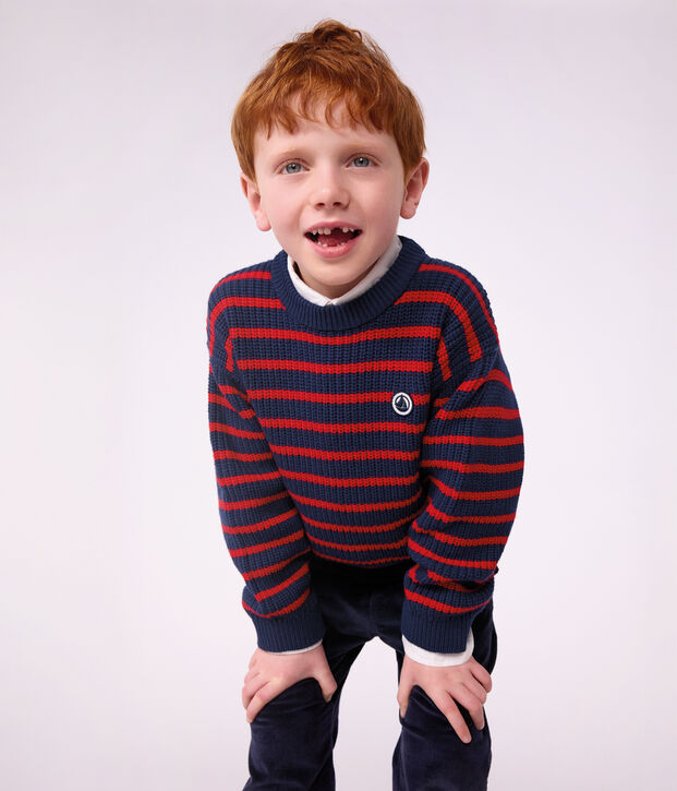 Pullover in misto lana e cotone a righe bambino blu/rosso