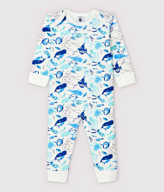 Tutina pigiama senza automatici fondali marini bebè in cotone bianco MARSHMALLOW/bianco MULTICO