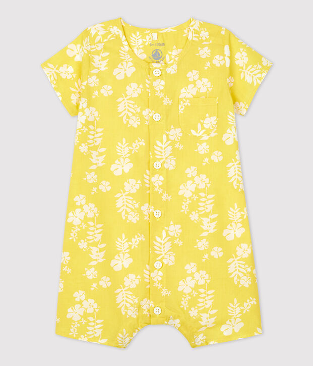 Tutina corta beb&egrave; in popeline biologico con fantasia hawaiana giallo/bianco