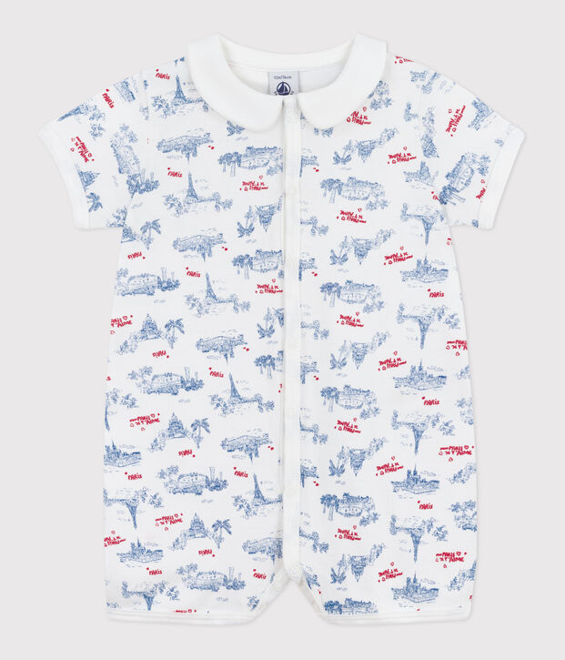 Tutina corta in cotone con colletto e stampa Parigi neonato bianco/multicolore