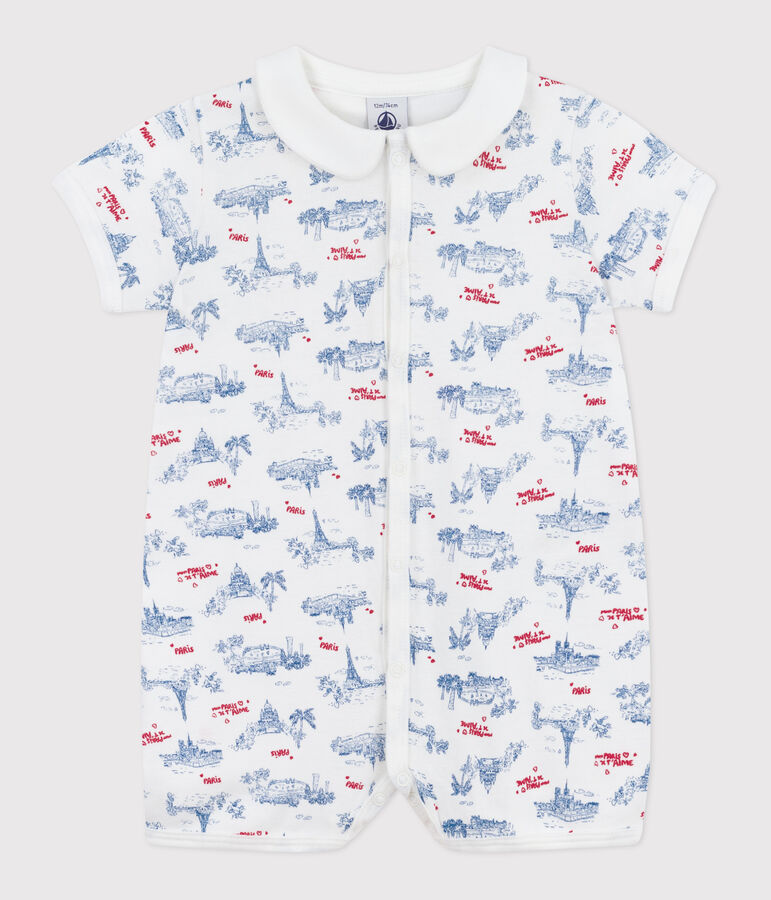 Tutina corta in cotone con colletto e stampa Parigi neonato bianco/multicolore