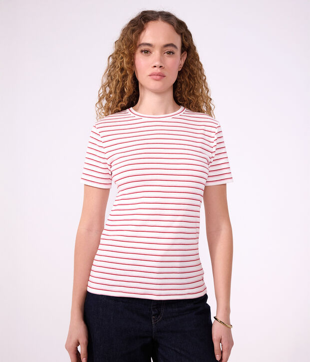 T-shirt a maniche corte in cotone a righe donna bianco/rosso
