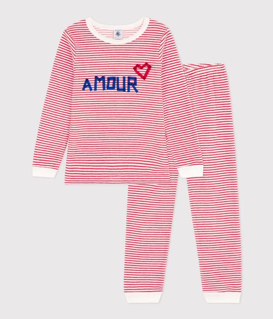 Pigiama bambino unisex in ciniglia a righe rosso MARSHMALLOW/bianco CORRIDA
