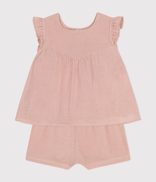 Completo blusa e shorts beb&egrave; in garza di cotone rosa